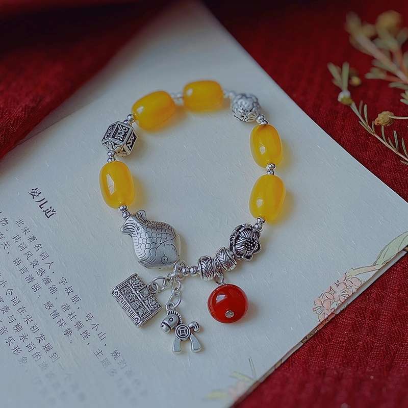 Jingpuli Jewelry Silver Fish Multi-Treasure Amber Korean imported elastic String Silver bracelet Item Picture
