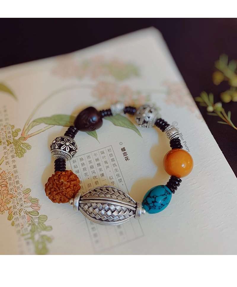 晶珀丽饰品绿松蜜蜡韩国进口弹力线财源滚滚藏银手链详情图17