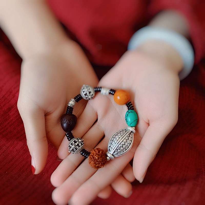 晶珀丽饰品绿松蜜蜡韩国进口弹力线财源滚滚藏银手链详情图13