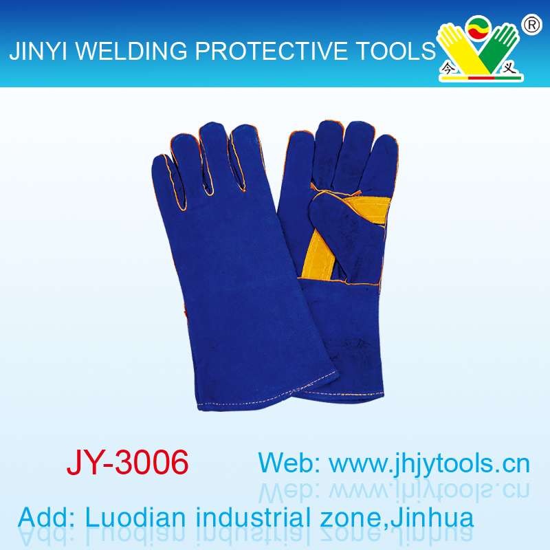 16寸蓝皮加黄托焊接手套产品图