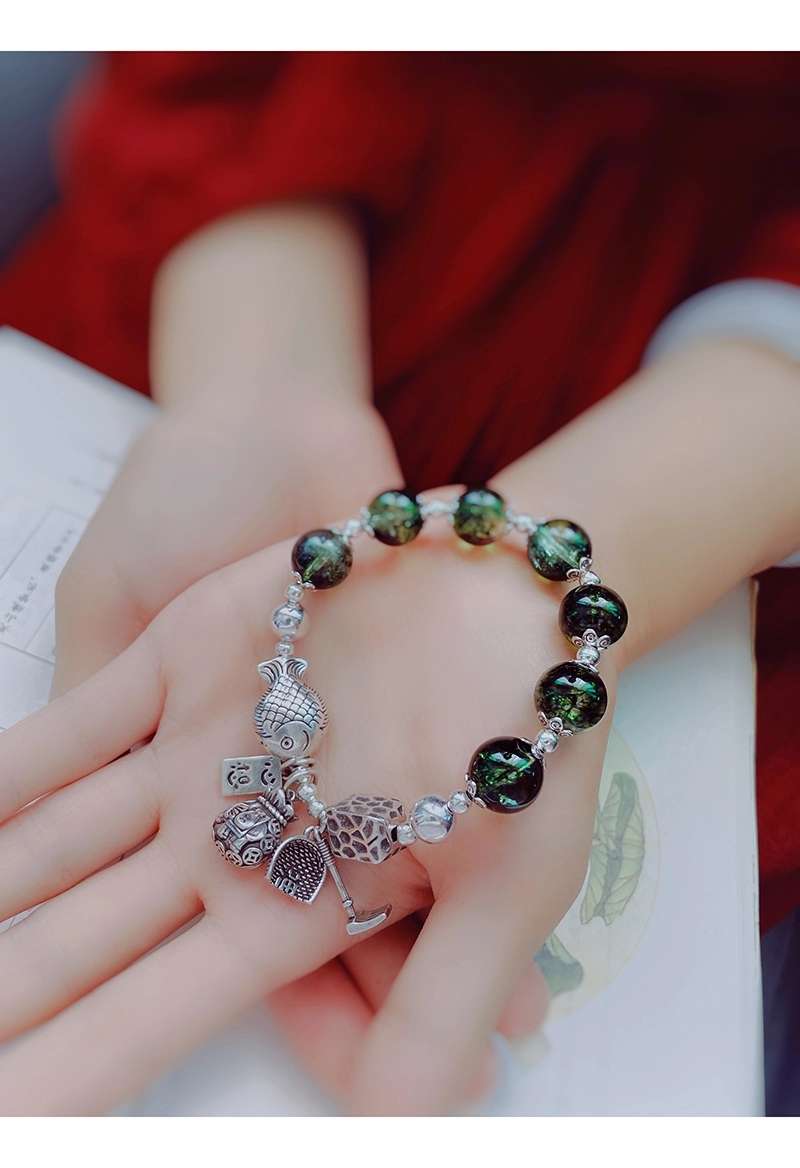 晶珀丽饰品天然水晶绿幽灵手链珠手串小鱼钱袋簸箕本命年饰品复古风饰品详情图1