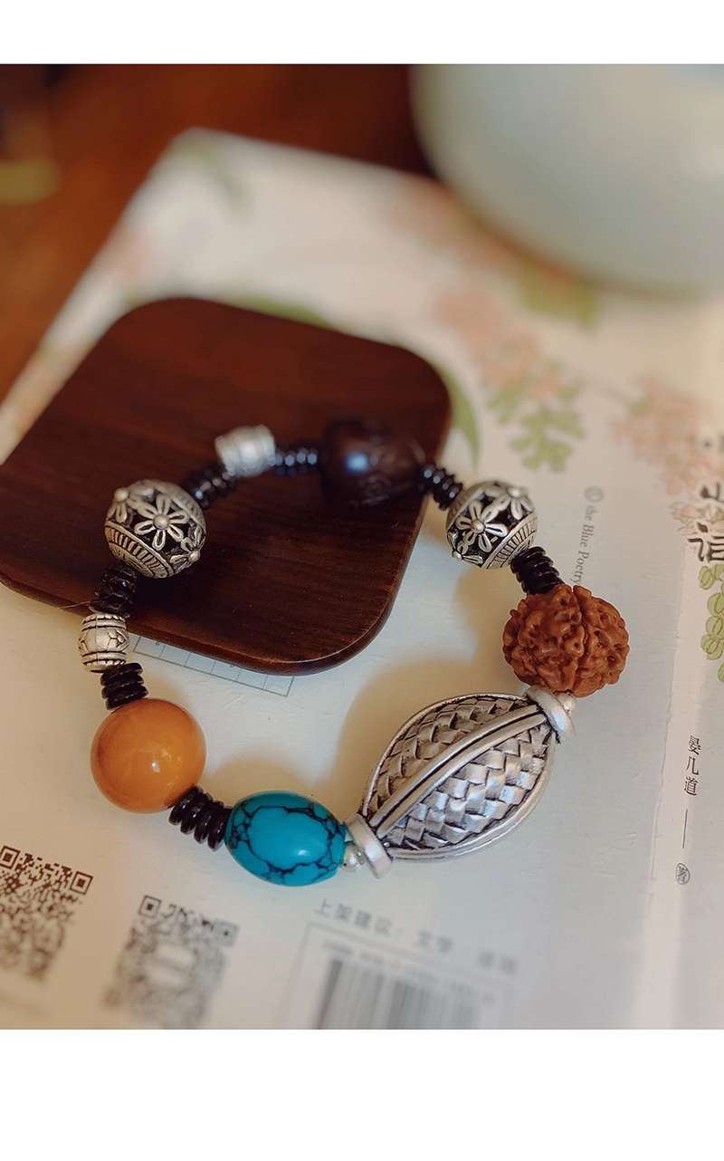 晶珀丽饰品绿松蜜蜡韩国进口弹力线财源滚滚藏银手链详情图11