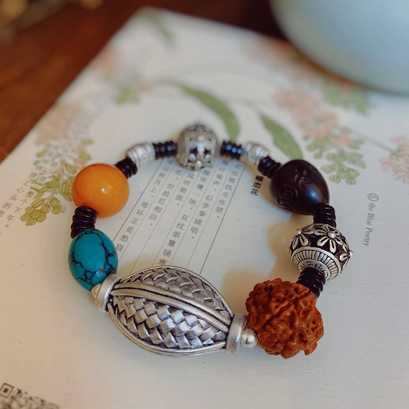 晶珀丽饰品绿松蜜蜡韩国进口弹力线财源滚滚藏银手链