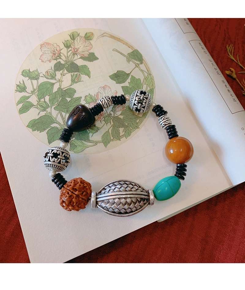 晶珀丽饰品绿松蜜蜡韩国进口弹力线财源滚滚藏银手链详情图19