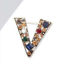 Vintage diamond-encrusted Color V letter Brooch Collar Slip proof pin unisex suit corsage Accessory collar pin