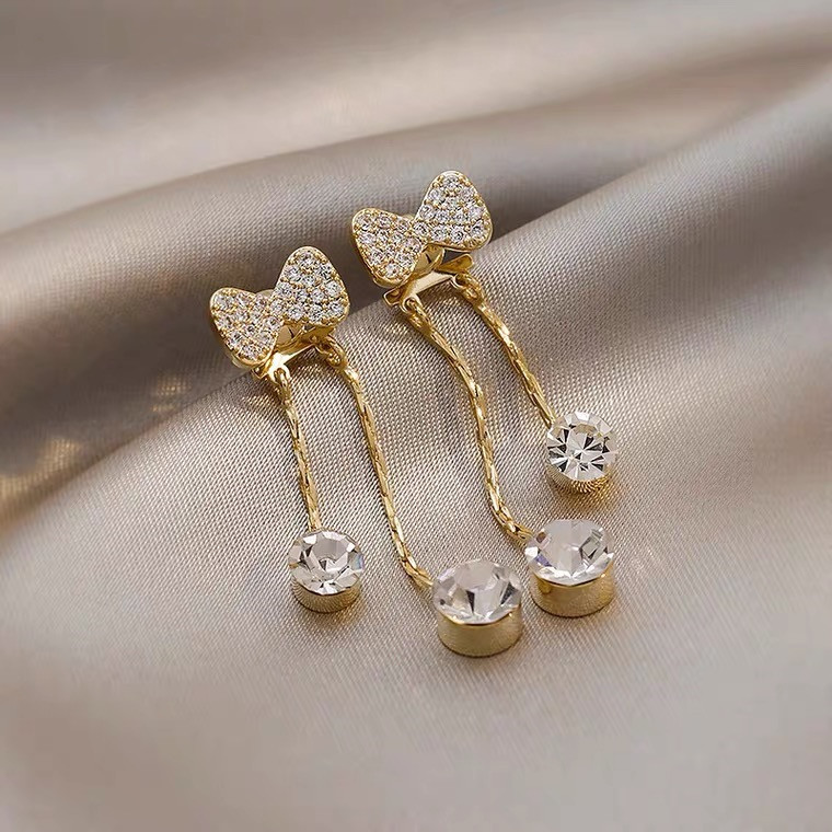 Bow rhinestones tassel earrings women's summer studs 2021 new fashion niche high-grade temperament earrings