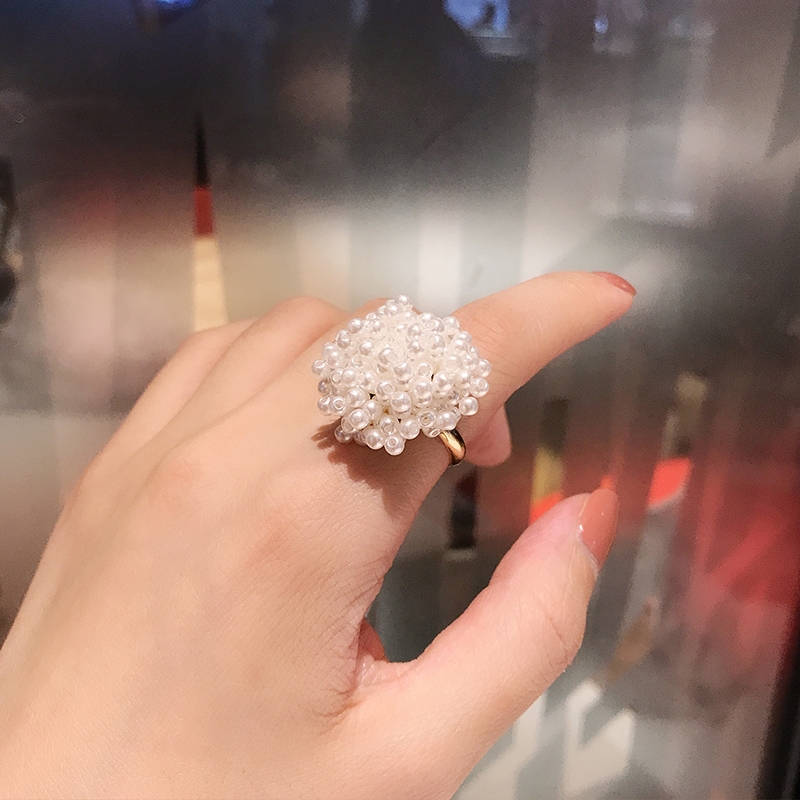 South Korea's new sweet pearl flower open ring female Instagram tide elegant simple everything with red index finger ring thumbnail
