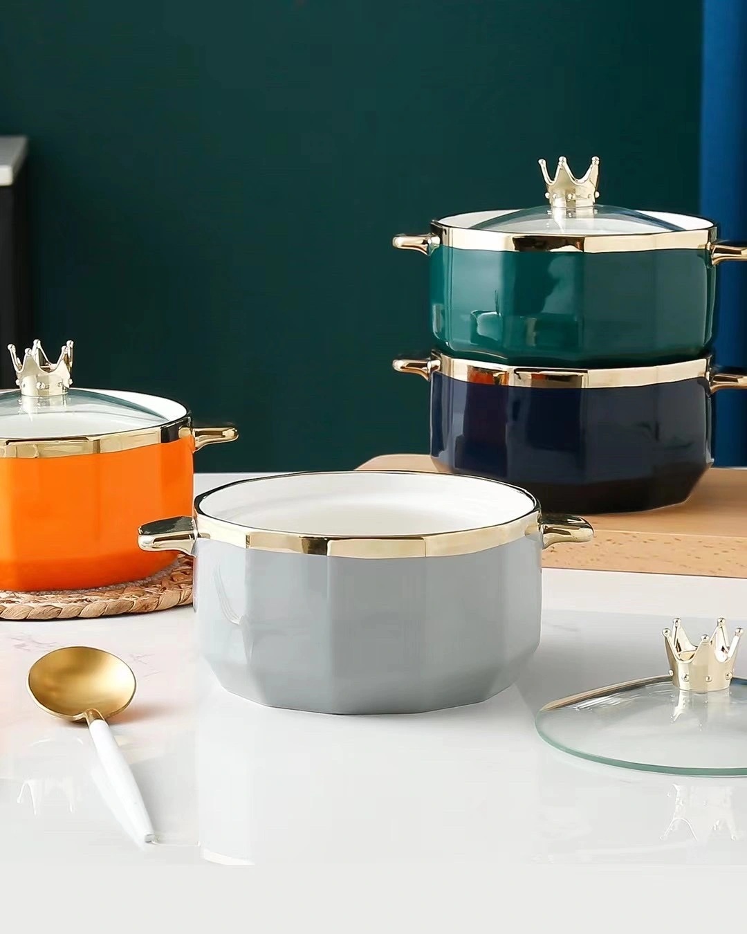 Crown Golden Edge Instant Noodle Bowl, Creative Home Ceramic Bowl, Zhuoqia 097 detail image 3