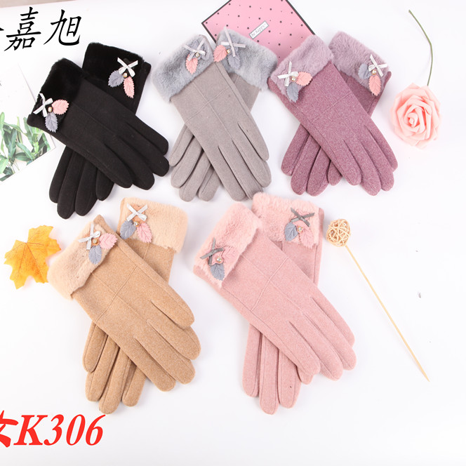 He Jia Xu female autumn and winter touch screen plus velvet warm lovely Korean version of the tide Japanese outdoor driving bike full finger cotton gloves K306 thumbnail