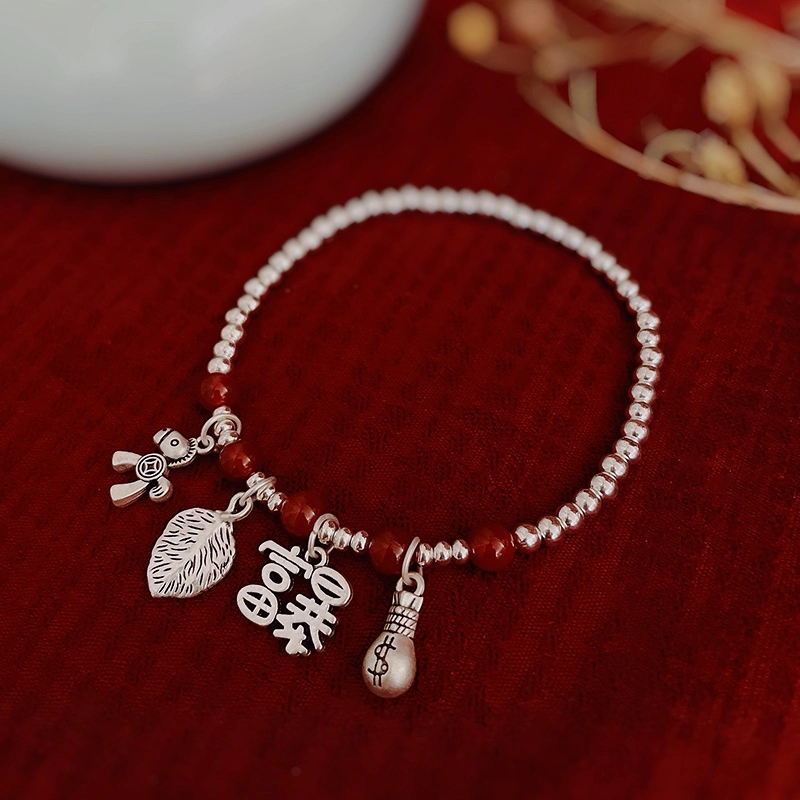 Jingpoli Jewelry Red Agate Silver Bead Series Overnight Wealth Silver Anklet