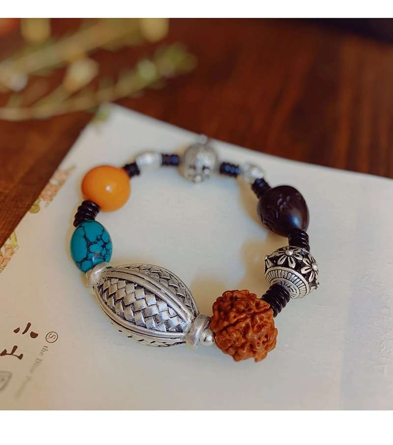 晶珀丽饰品绿松蜜蜡韩国进口弹力线财源滚滚藏银手链详情图3