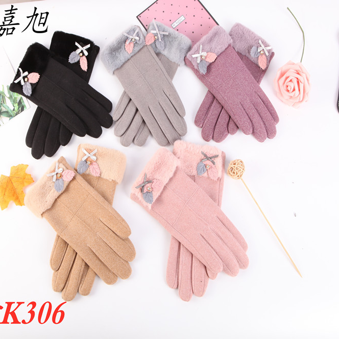He Jia Xu female autumn and winter touch screen plus velvet warm lovely Korean version of the tide Japanese outdoor driving cycling full finger cotton gloves 306 thumbnail