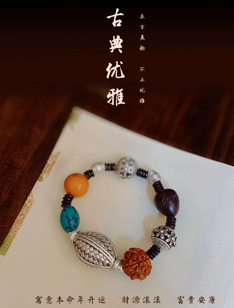 晶珀丽饰品绿松蜜蜡韩国进口弹力线财源滚滚藏银手链详情图12