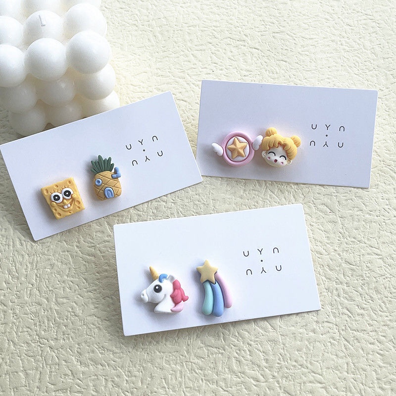 S925 Silver Needle Day Cute girl asymmetrical earrings cartoon sweet personality girl earrings jewelry
