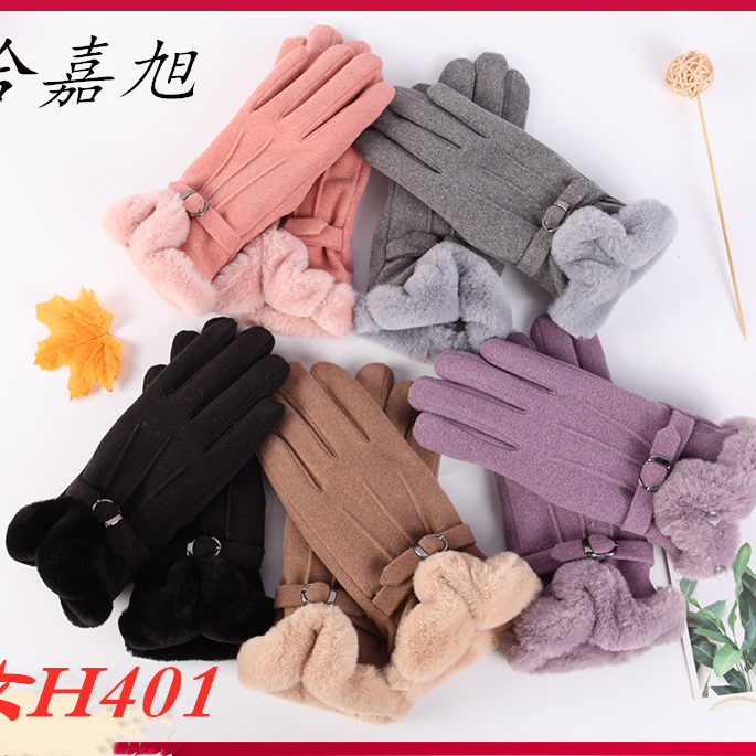 He Jia Xu female autumn and winter touch screen plus cashmere warm lovely Korean version of the tide Japanese outdoor driving bike all finger cotton gloves H401 thumbnail