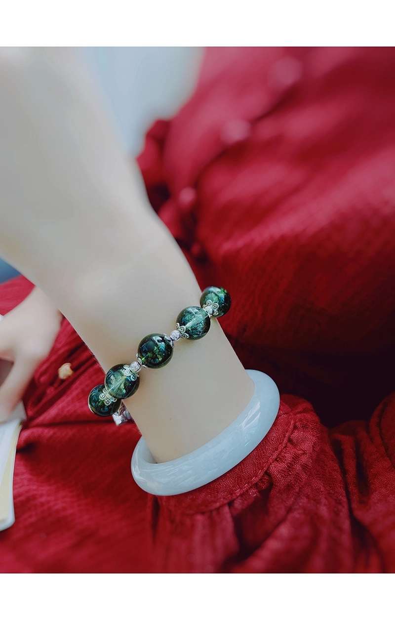 晶珀丽饰品天然水晶绿幽灵手链珠手串小鱼钱袋簸箕本命年饰品复古风饰品详情图3