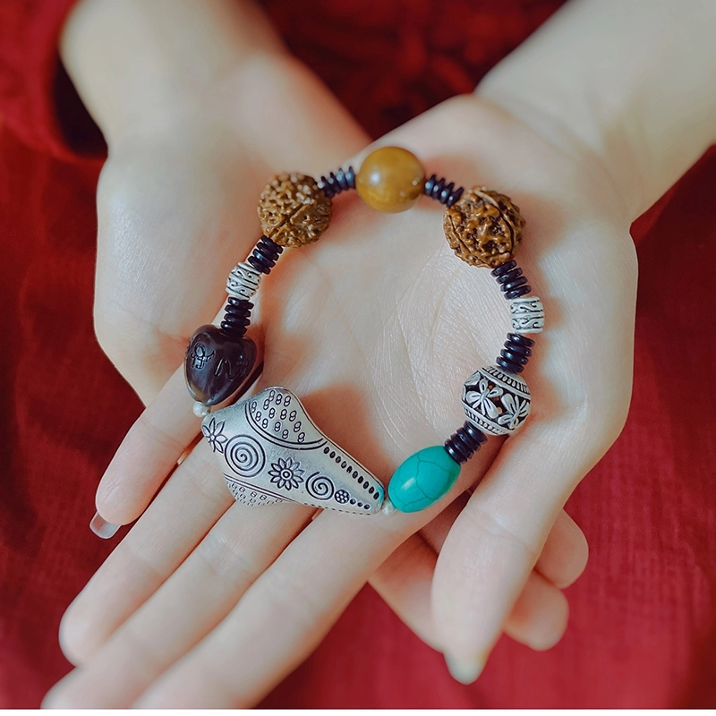 晶珀丽饰品绿松石檀木珠韩国进口弹力线多财多宝藏银手链