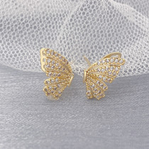 Full diamond micro-inset zircon butterfly earrings asymmetrical delicate light luxury earrings copper plated real gold
