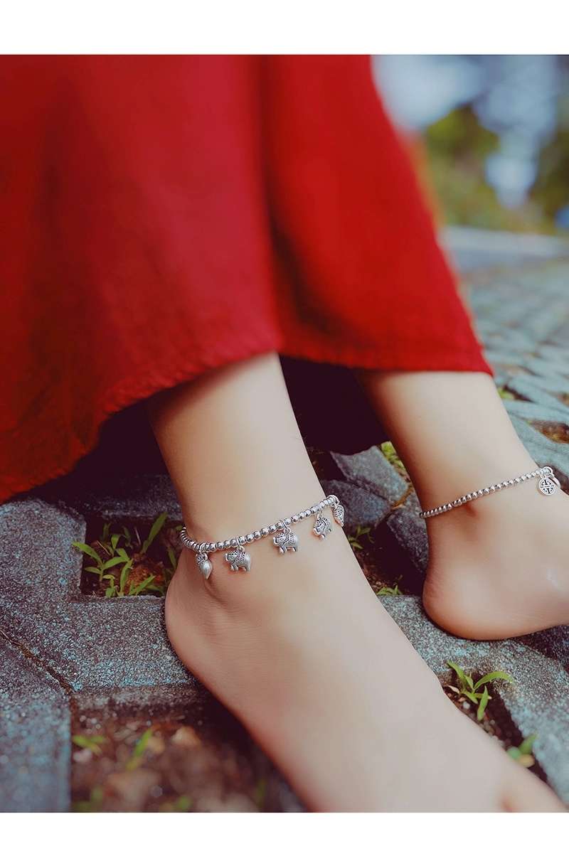 Jingpuli jewelry Red agate amber Korean elastic thread Auspicious and lucky silver ankle chain Specification image