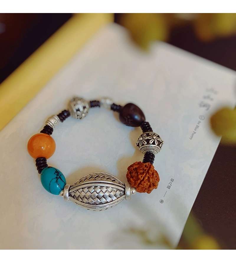 晶珀丽饰品绿松蜜蜡韩国进口弹力线财源滚滚藏银手链详情图16