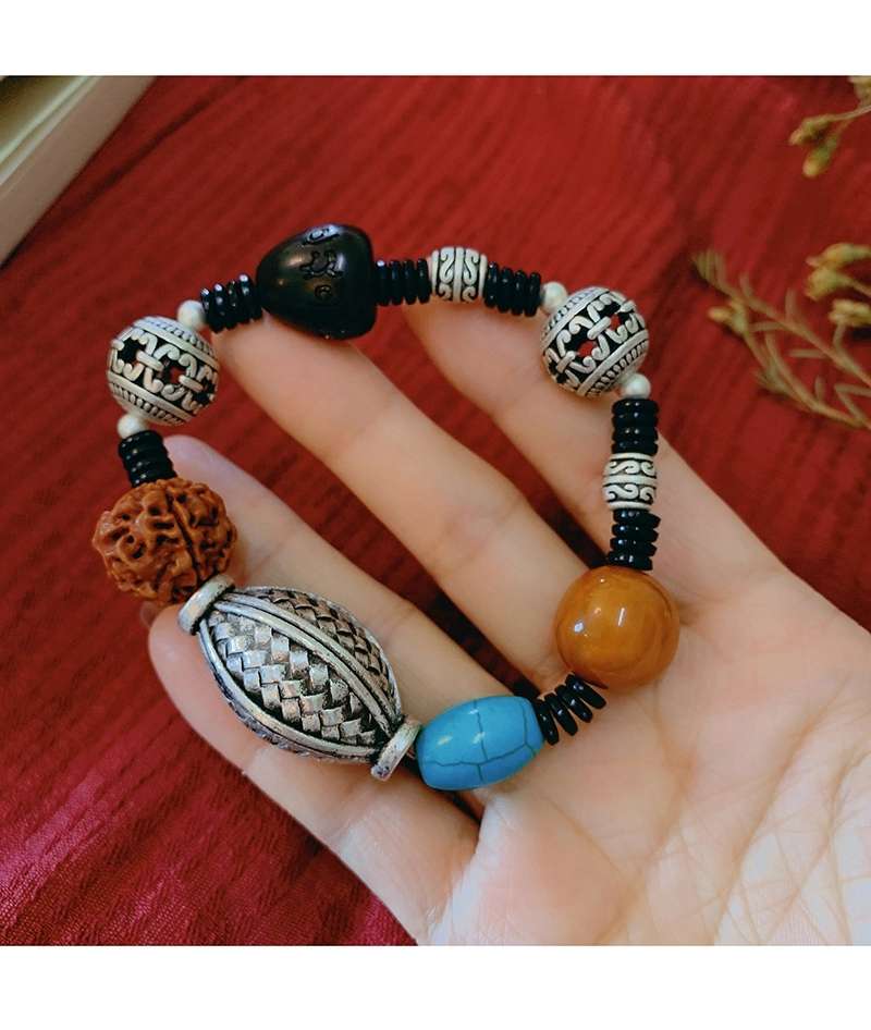 晶珀丽饰品绿松蜜蜡韩国进口弹力线财源滚滚藏银手链详情图8