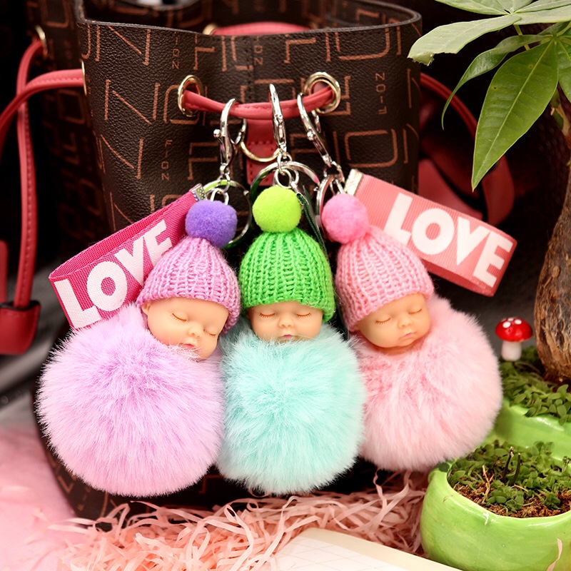 Cute sleeping doll hairball keychain pendant LOVE ribbon plush doll keychain cartoon bag pendant