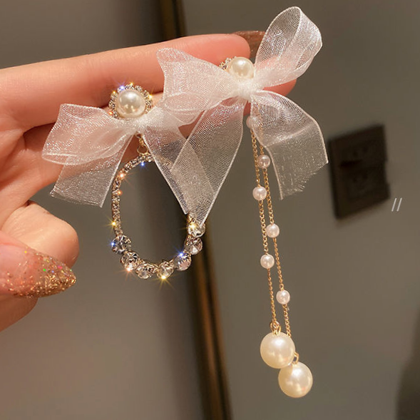 36 Black bow asymmetrical earrings for women 2021 new trend Sue Pearl earrings temperament high-grade feeling earrings