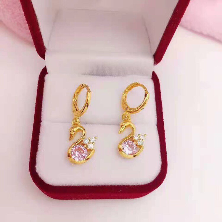 Pink zircon swan earrings, brass,