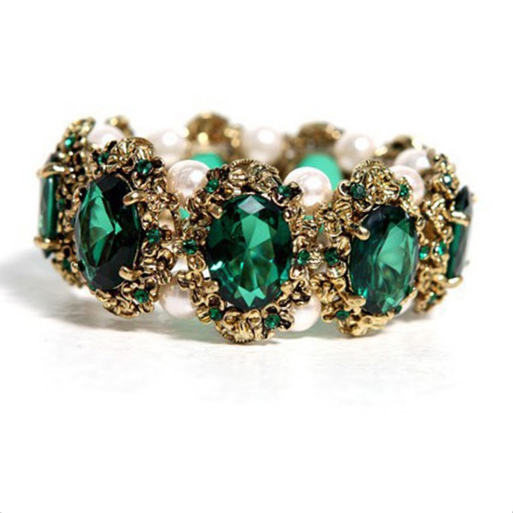 European and American fashion retro personality emerald crystal jewel pearl bracelet Japan and South Korea trend line accessories thumbnail