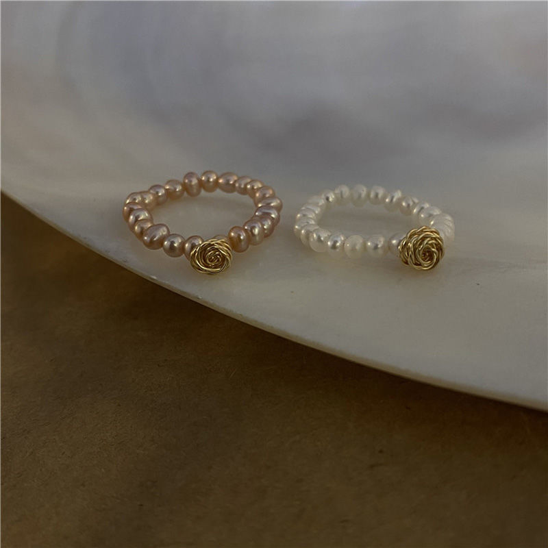 2 French freshwater Pearl Natural beaded ring Metal Rose flowers ins design feel vintage ring