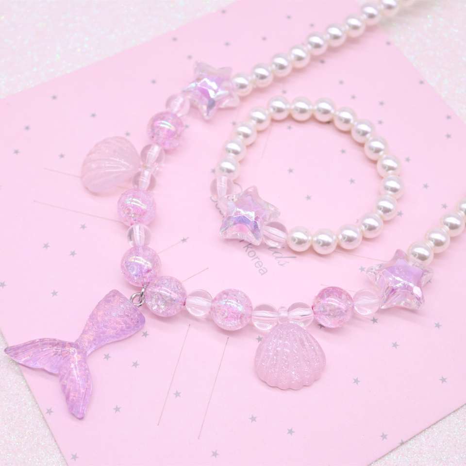 Children's necklace, beauty fish tail girl imitation pearl shell necklace bracelet set, girls' accessories Specification image