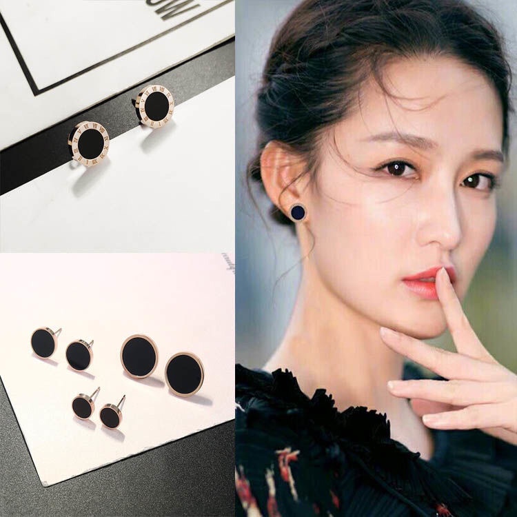 韩版钛钢耳环女防过敏玫瑰金耳钉简约气质情侣黑色圆形耳骨钉耳饰