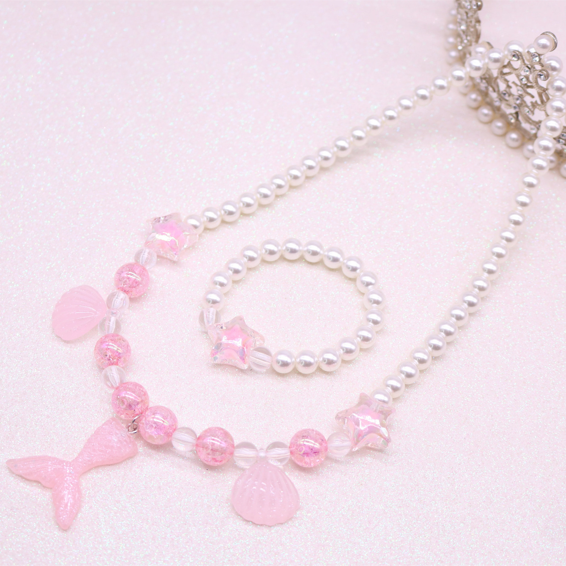 Children's necklace, beauty fish tail girl imitation pearl shell necklace bracelet set, girls' accessories