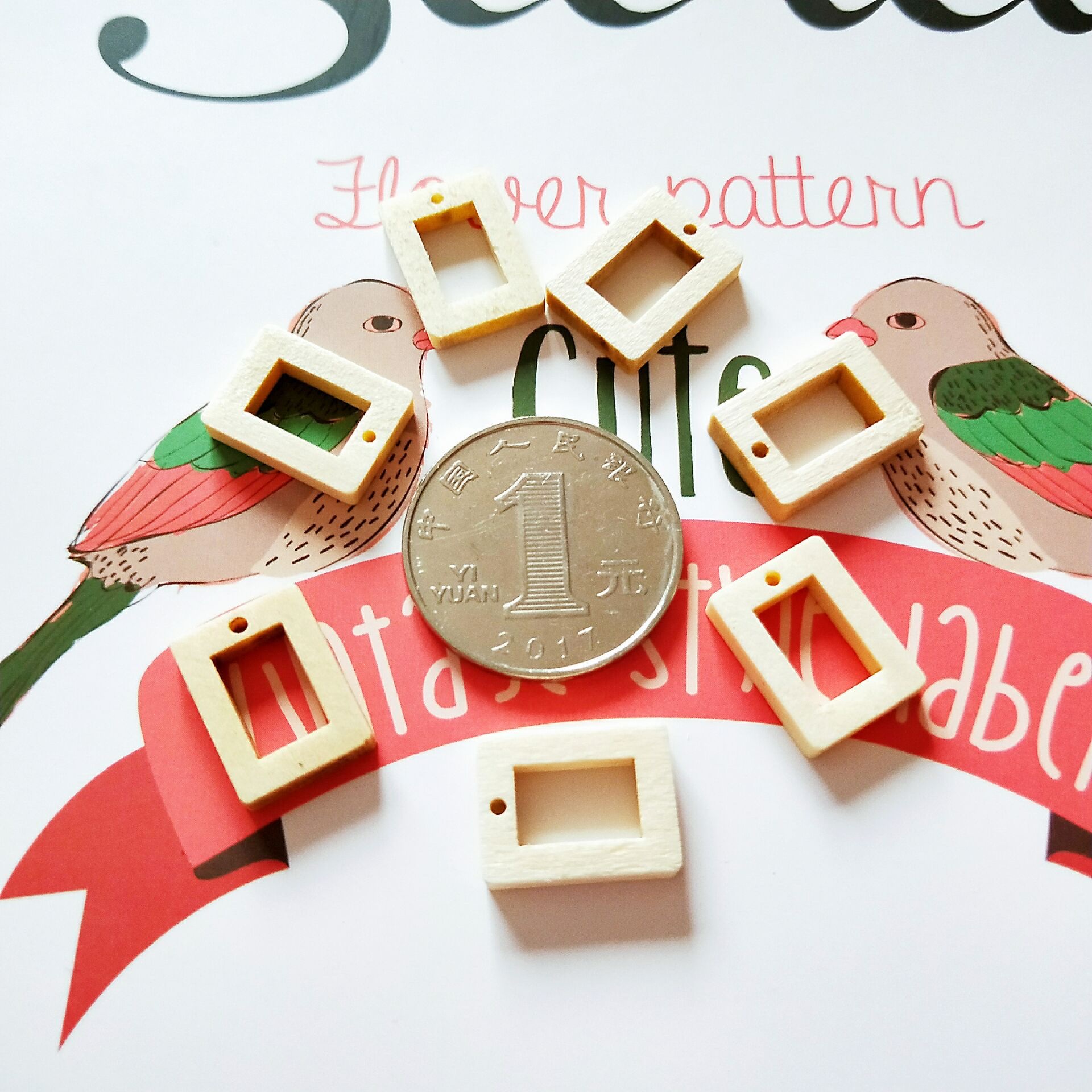 diy jewelry beading accessories: 1.5cm square hollow wood chips, wooden loose beads, necklace beading material Specification image