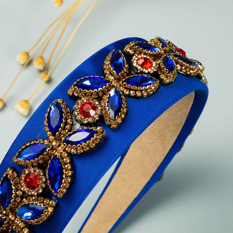 European and American Baroque style fabric headband with colorful rhinestone flowers, royal blue details Picture
