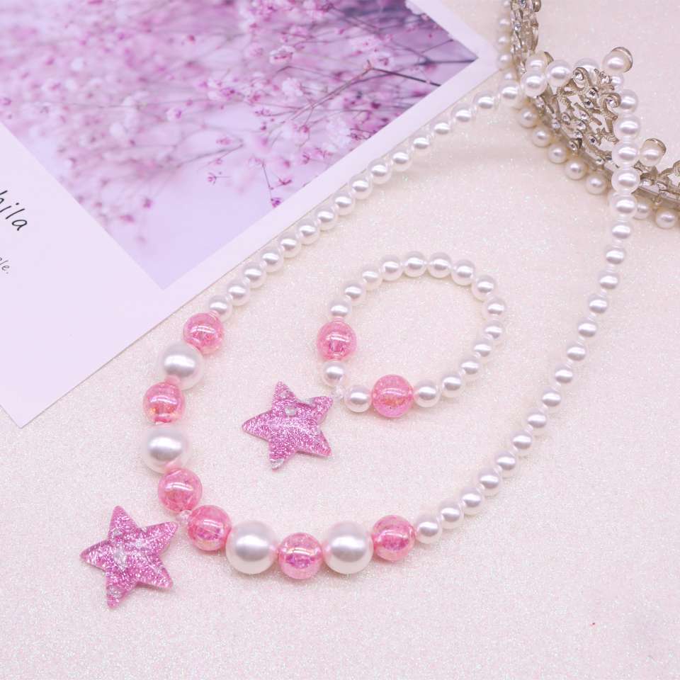 New children's sparkling powder resin heart-shaped star necklace bracelet set, girls' accessory jewelry details Picture
