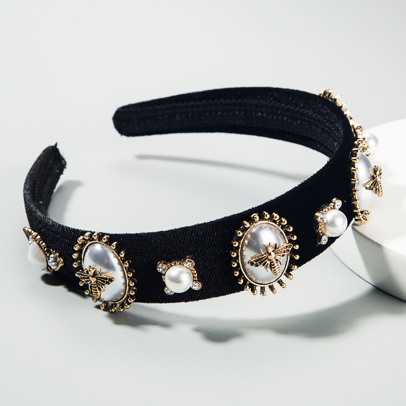 Black velvet and rhinestone alloy bee and pearl women's hair band details Picture