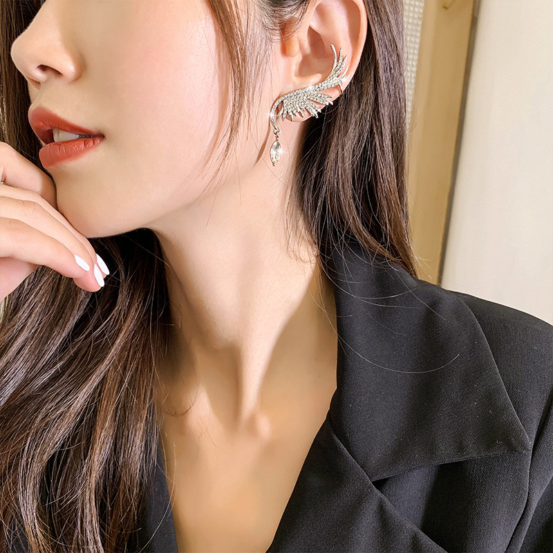 925银针欧美奢华耳环天使之翼耳坠耳骨夹网红潮气质耳钉满钻耳饰细节图