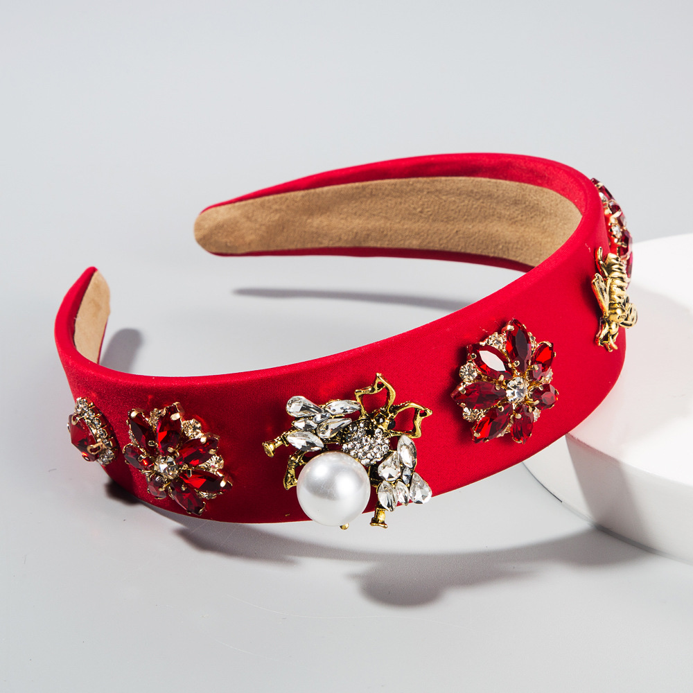 Retro animal bee-shaped headband with pearl rhinestones in orange Specification drawing