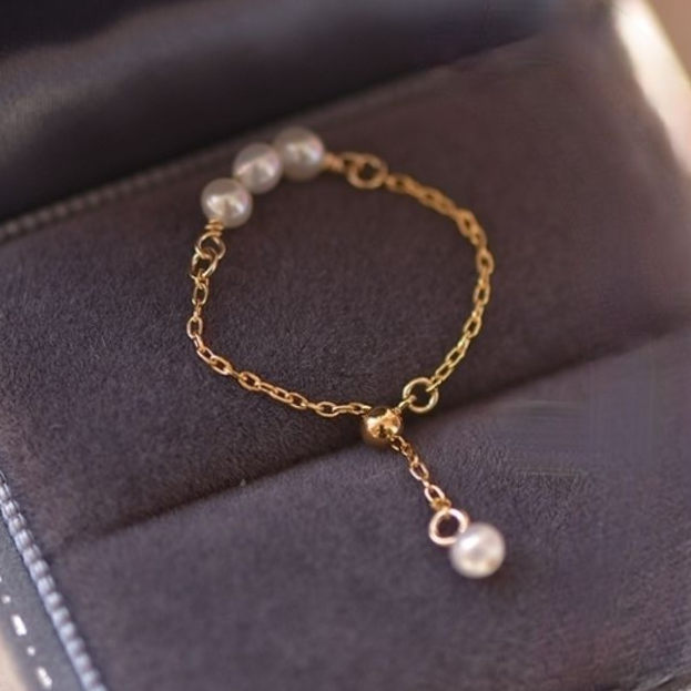 49 Adjustable chain ring Natural freshwater pearl 14K gold ring