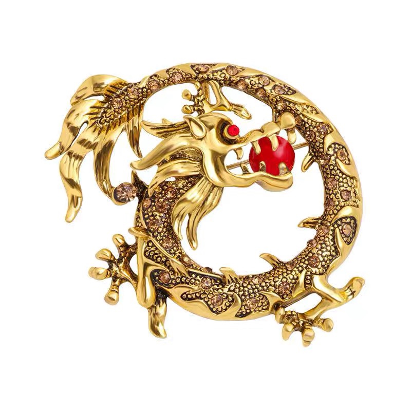 New Chinese Zodiac series Chinese Zodiac Dragon brooch personality men's landing dragon spit red bead brooch clothing accessories