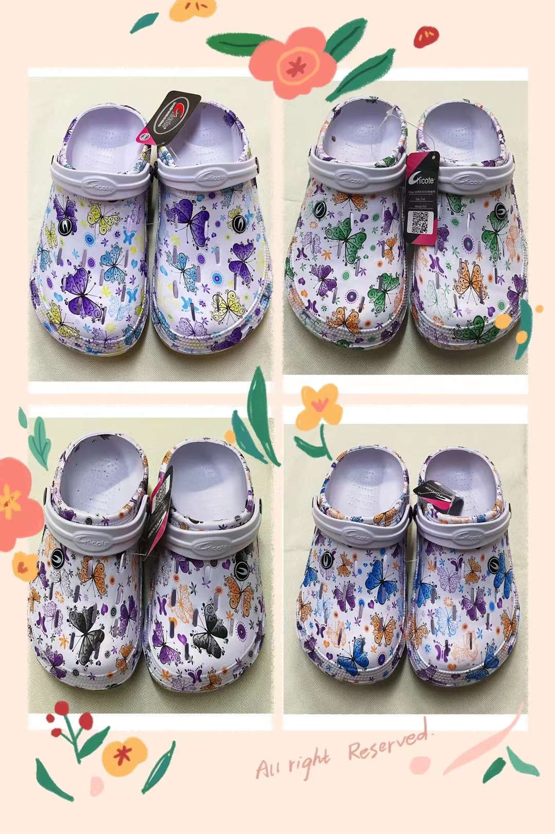 Water transfer printed crocs and garden shoes in stock detail image 2
