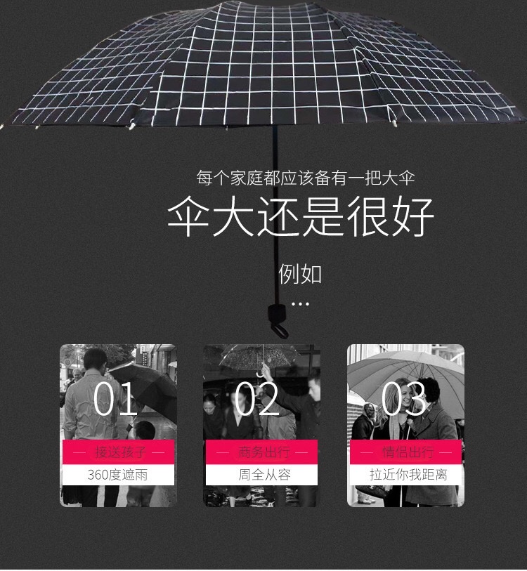 千家旺男士商务黑胶格子大号双人雨伞 10骨三折挡风遮阳户外太阳伞  有3款6577，6527 ，6575价格差不多详情图5