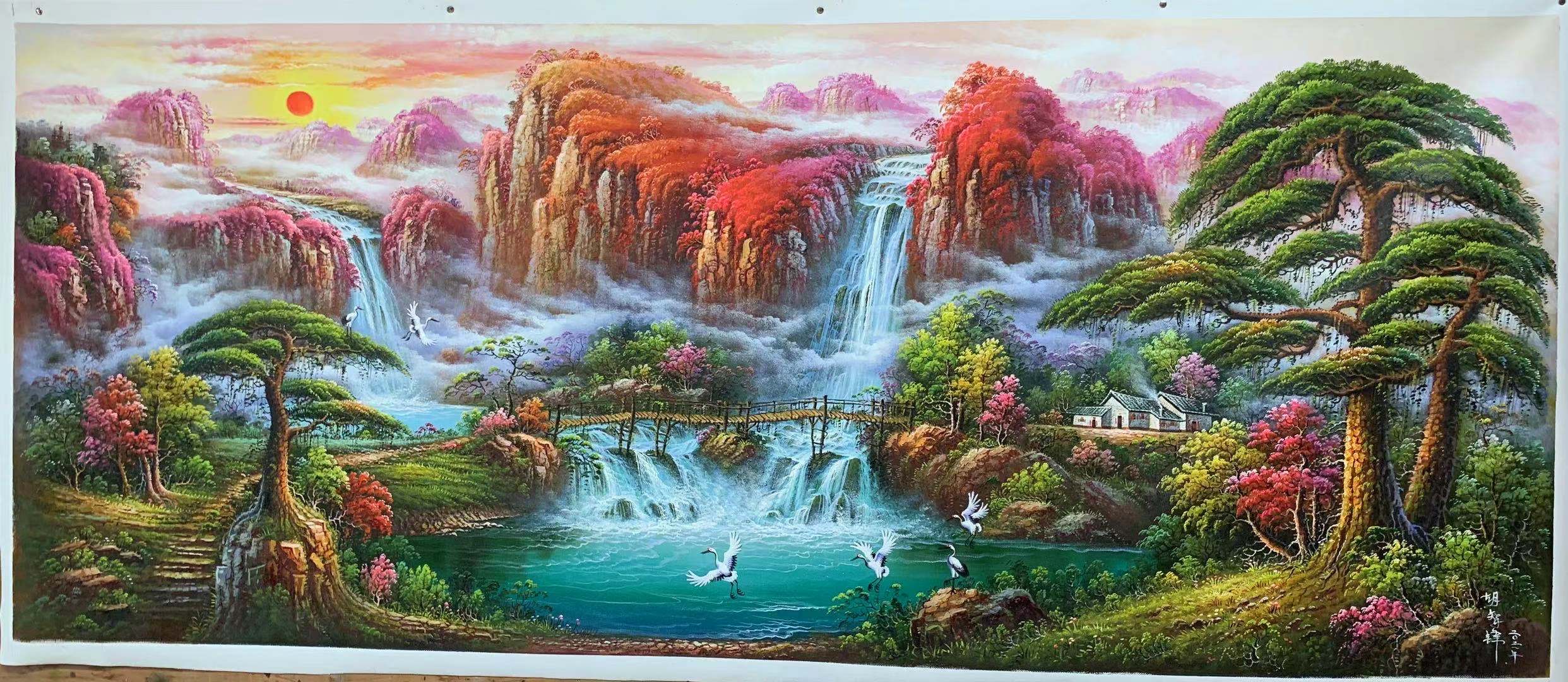 حوض جمع اللوحات الزيتية 90x220 يدوي يحتوي على شعور بالجبال مع لوحة زيتية عالية الجودة details Picture