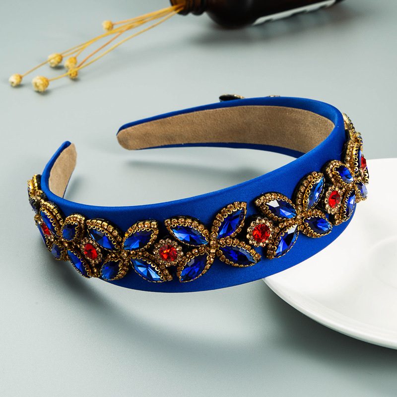 European and American Baroque style fabric headband with colorful rhinestone flowers, royal blue details Picture