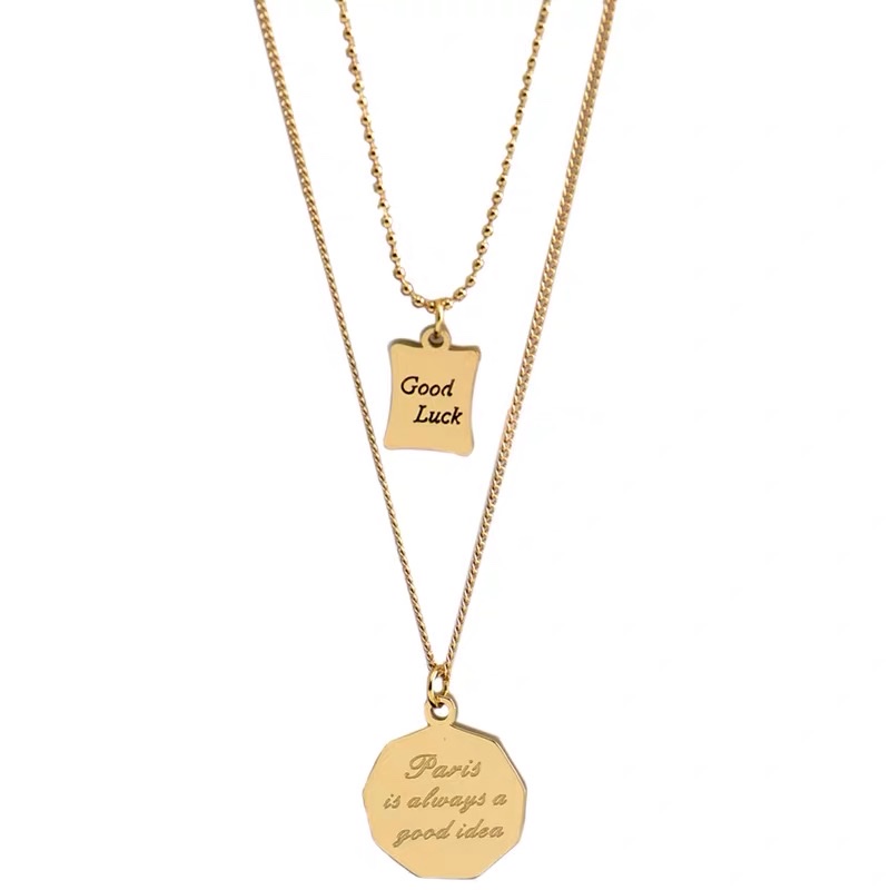 A simple double-layer stacked letter round plate necklace with a unique design sense for women, featuring a titanium steel collarbone chain as a fashionable accessory detail image 1