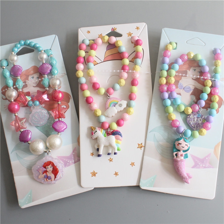 New children's necklace and bracelet, ice and snow girl, mermaid, unicorn, cartoon princess, baby jewelry set Item Picture