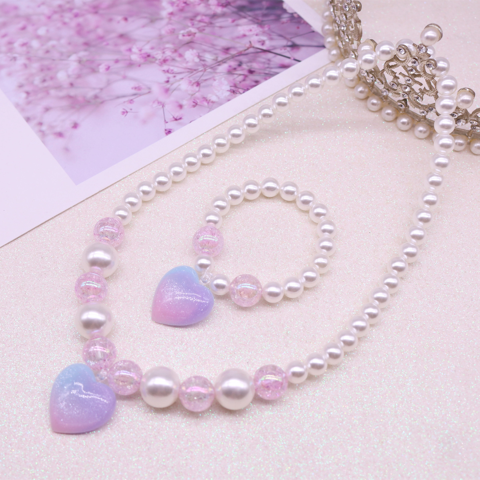 Children's new glitter resin love star necklace bracelet set girls accessory jewelry
