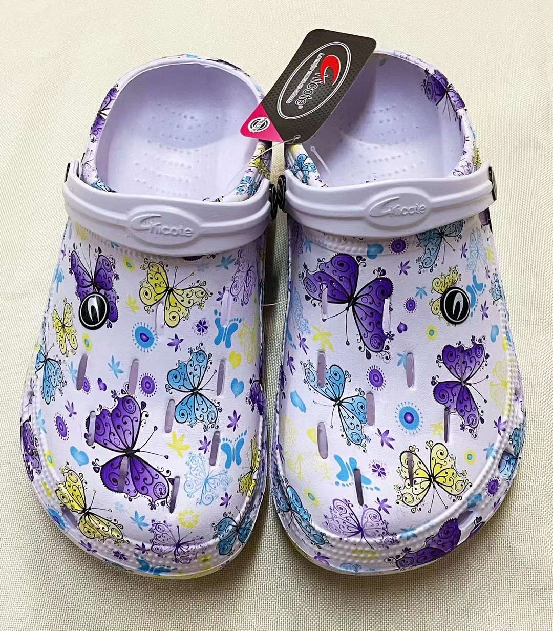 Water transfer printed crocs and garden shoes in stock detail image 3