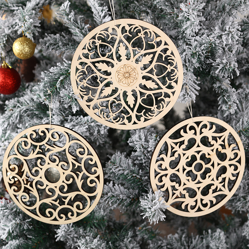 圆形木片工艺品创意圣诞树DIY配件木质镂空挂件复活节装饰吊饰